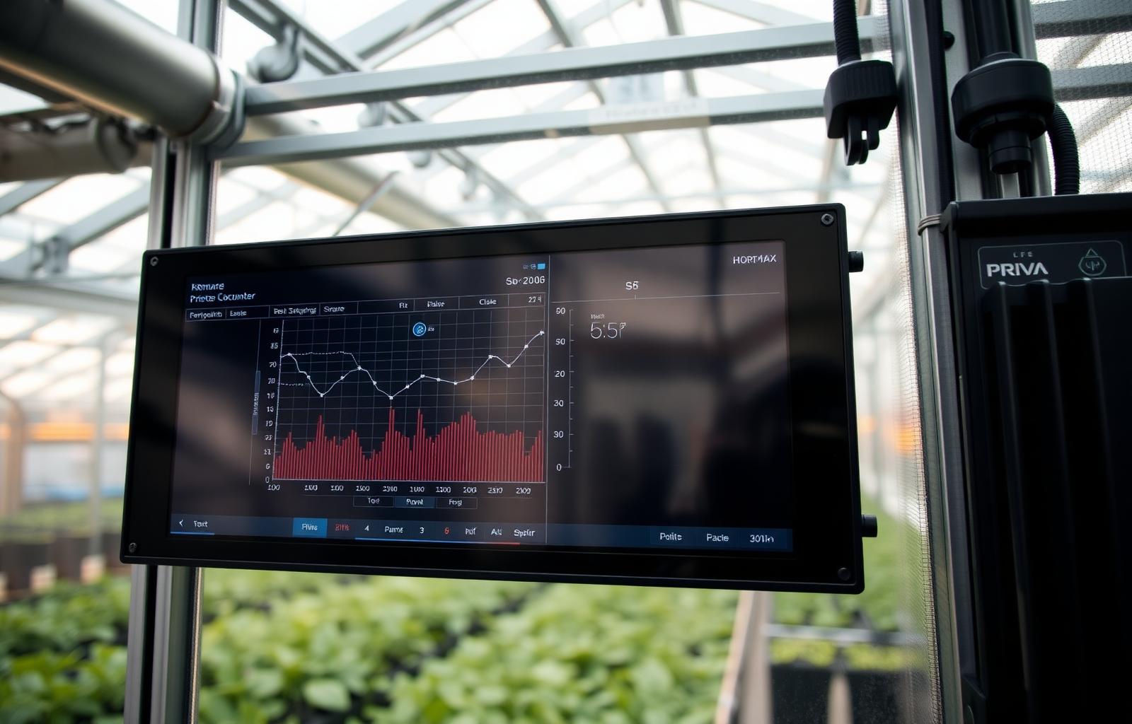 Wall-mounted commercial greenhouse climate computer screen showing live setpoints and graphs.
