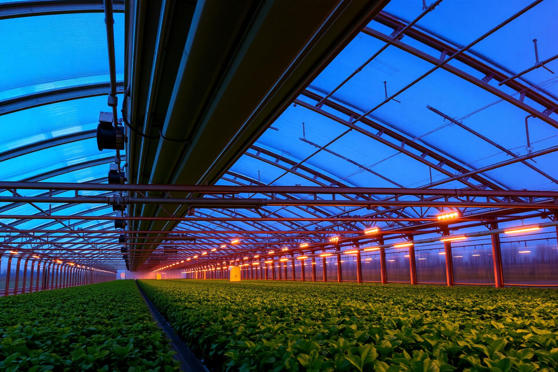 Interior of a long Venlo commercial glasshouse at dusk, lit warmly from inside, rows of crops under cultivation lighting.
