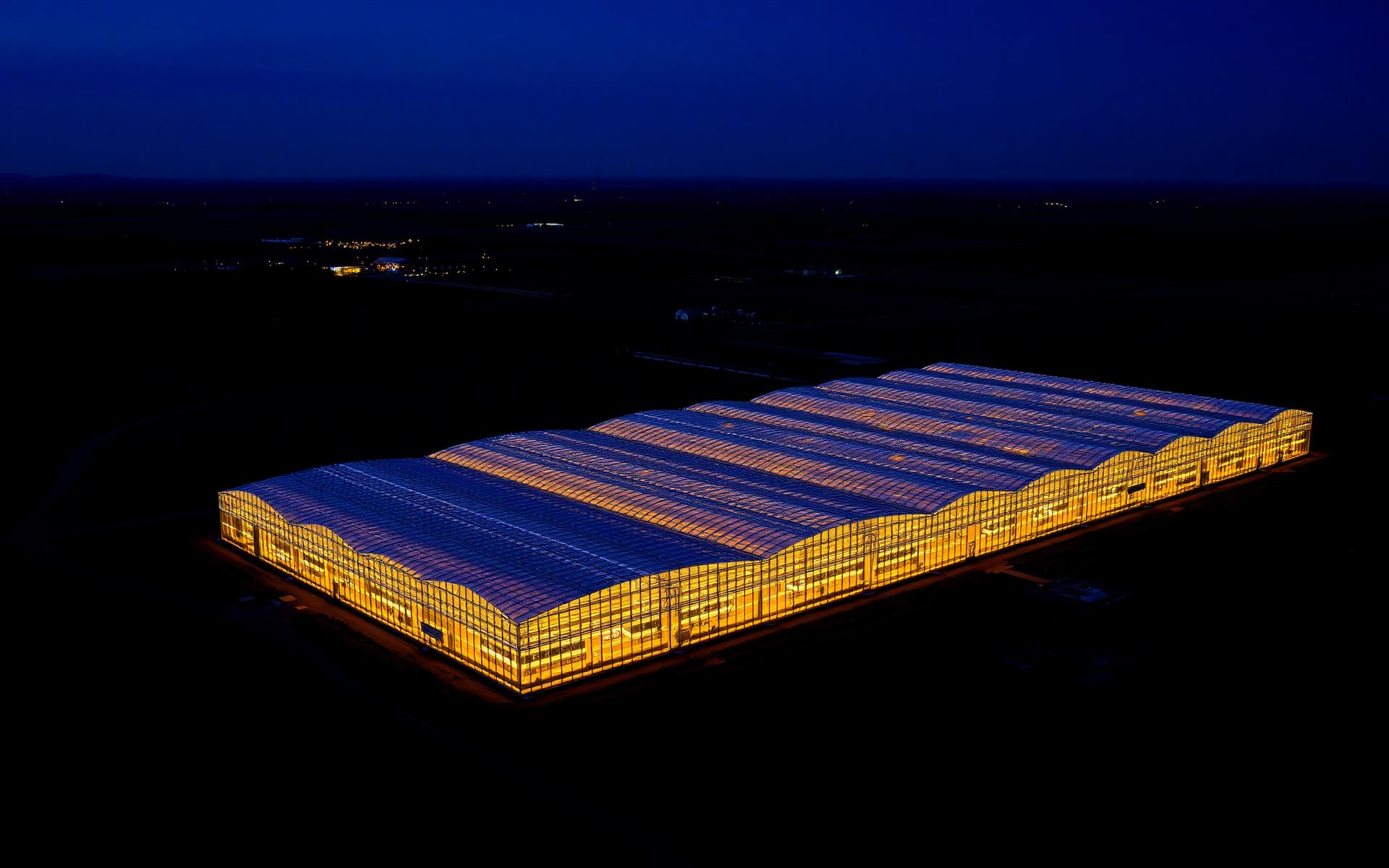 Aerial view of a vast multi-bay Venlo commercial glasshouse complex glowing warmly from inside at dusk.